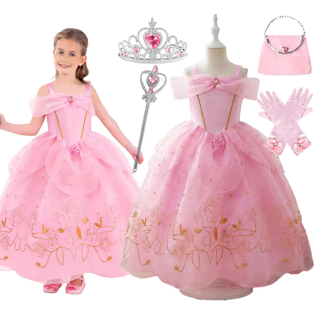 Girls Pink Princess Dress Off Shoulder Bow Design Costume Gold Rose Print Tulle Ball Gown Birthday Party Aurora Cosplay Outfit