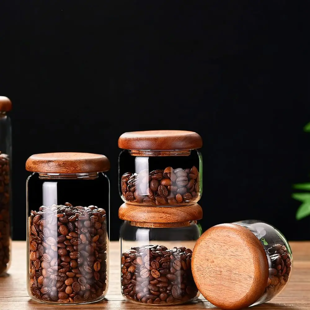 Small Transparent Glass Jar Acacia Lid Seal Pot Durable Food Storage Container For Kitchen Organization Herb Tea