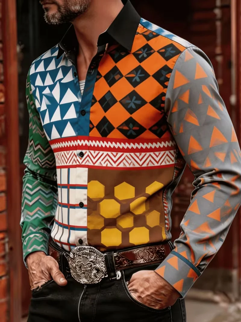 New light luxury geometric hot stamping jacquard long sleeved shirt, British tough guy slim fit business men's shirt