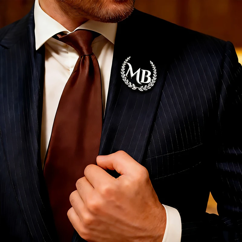 Custom Initials Gold Laurel Brooch Custom Logo Brooch Personalized Letter Wreath Pin Horizontal Two Letter Men and Women Brooch