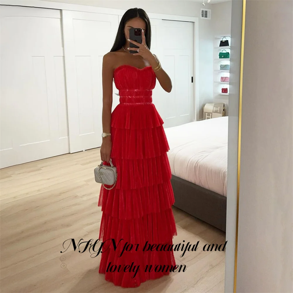 

NFYN Red Strapless Prom Dress Net Tiered Pleat Prom Gown Long Evening Dresses Sweetheart Formal Dress robes du soir Customized