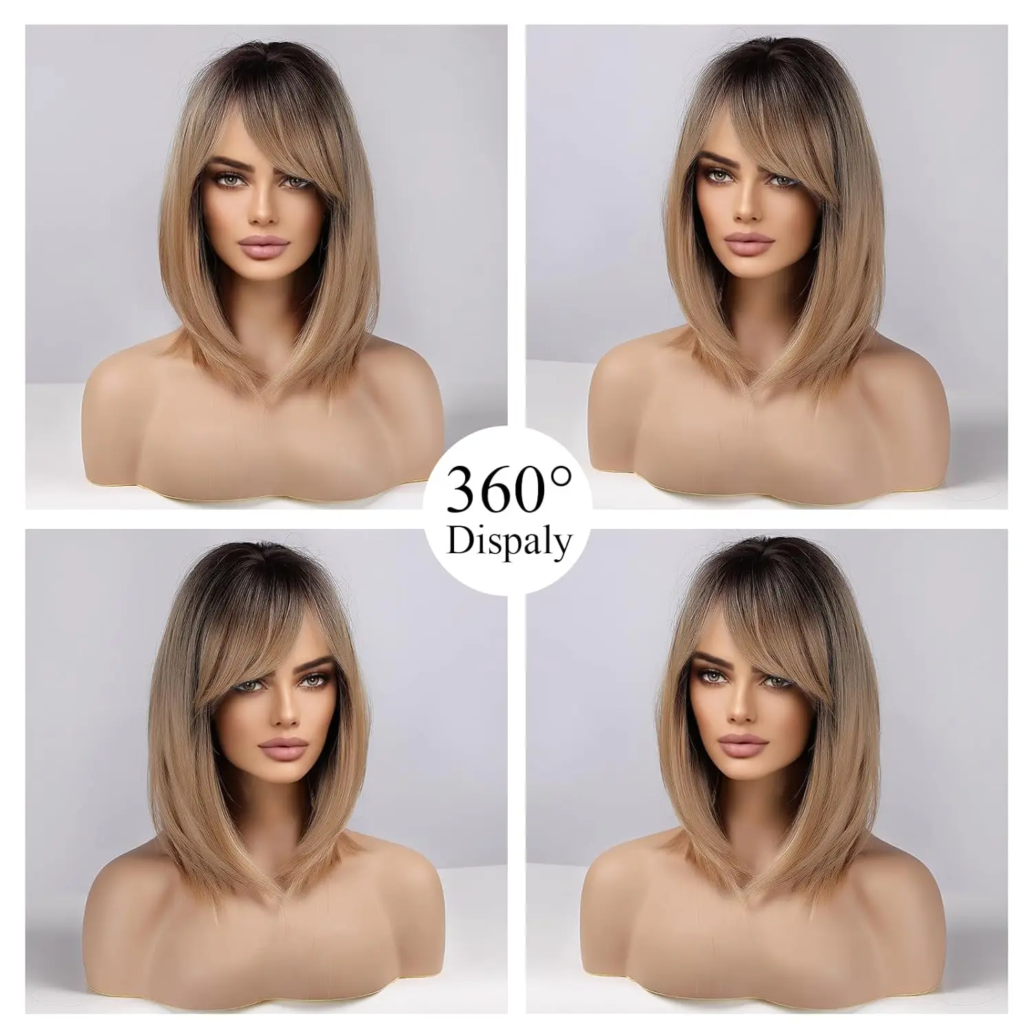 LOUIS FERRE Medium Straight Black Brown Golden Ombre Synthetic Wigs for Women Cosplay Bobo Wig With Bangs Heat Resistant Fibre