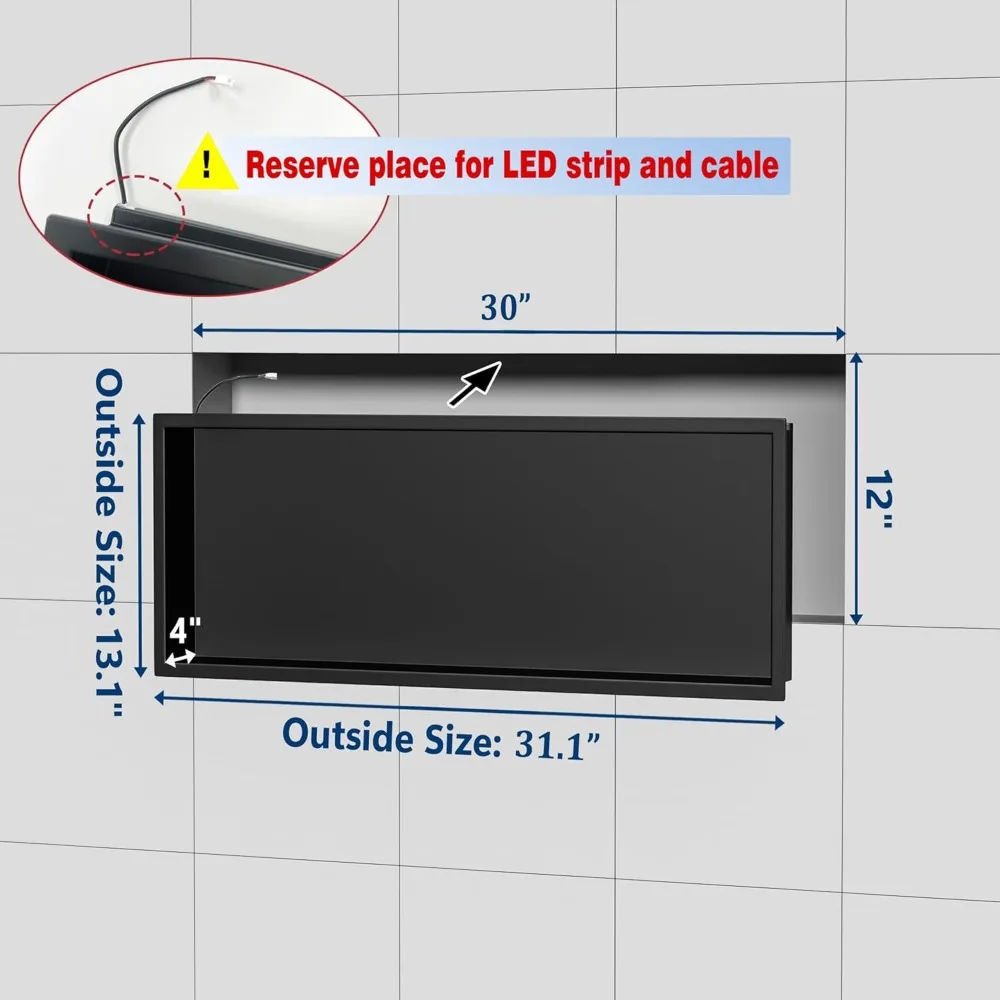 RGB LED Light Shower Niche, Matte Black 30X12 in Stainless Steel Wall Niche with Remote Control