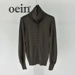 [oein] 2024  Autumn Women Autumn Minimalist Wool Stand Up Collar Lazy Knit Cardigan