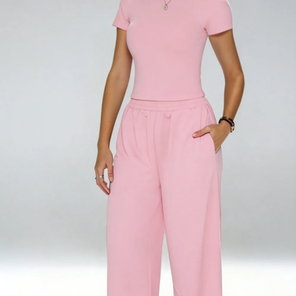 Ladies Sportswear Outfits Breathable Short Sleeve Shirt Wide Leg Trousers Yoga Gym Running Training Fitness Active Set