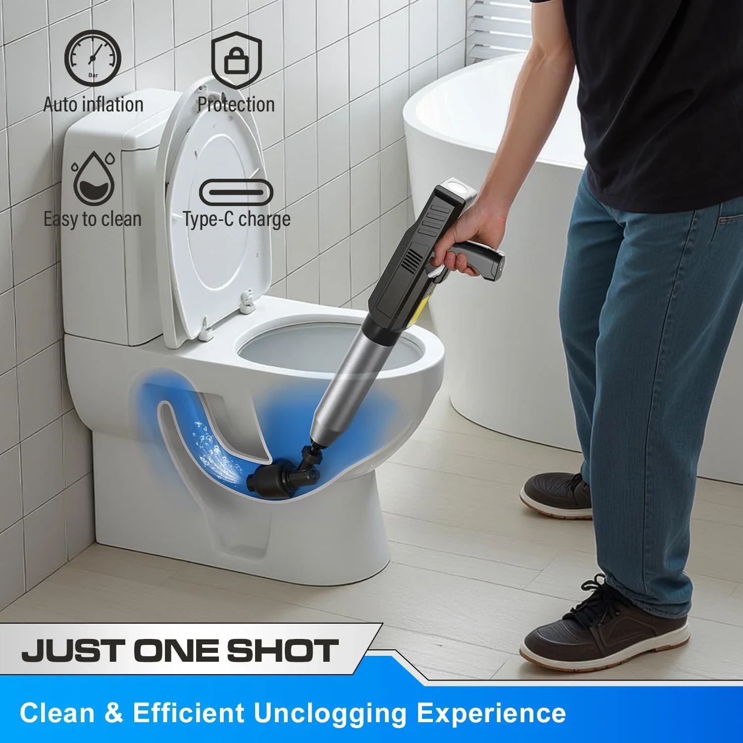 Household  Electric Toilet Unclogger Plunger High-Pressure Strong Single Push Exhaust Sink Bathroom Bathtub Unblocking