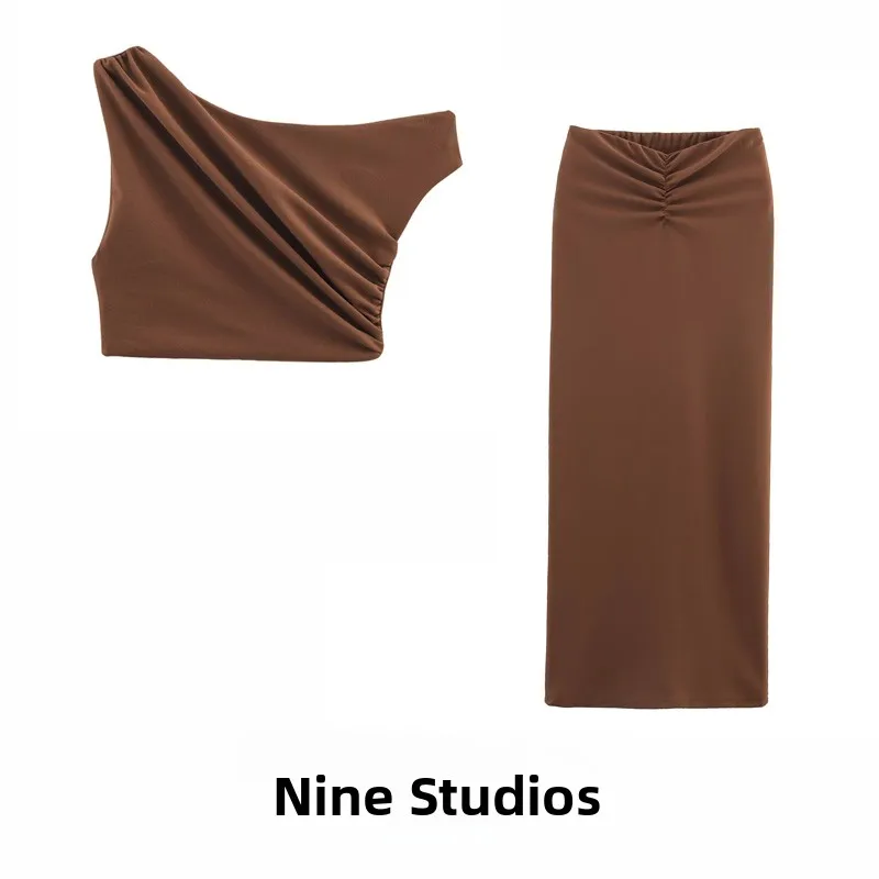 

New Women's Faion Asymmetric Texture ort Top Midi Skirt Set Long Sve round Ne Spring 2025 Two-Piece Ensemble