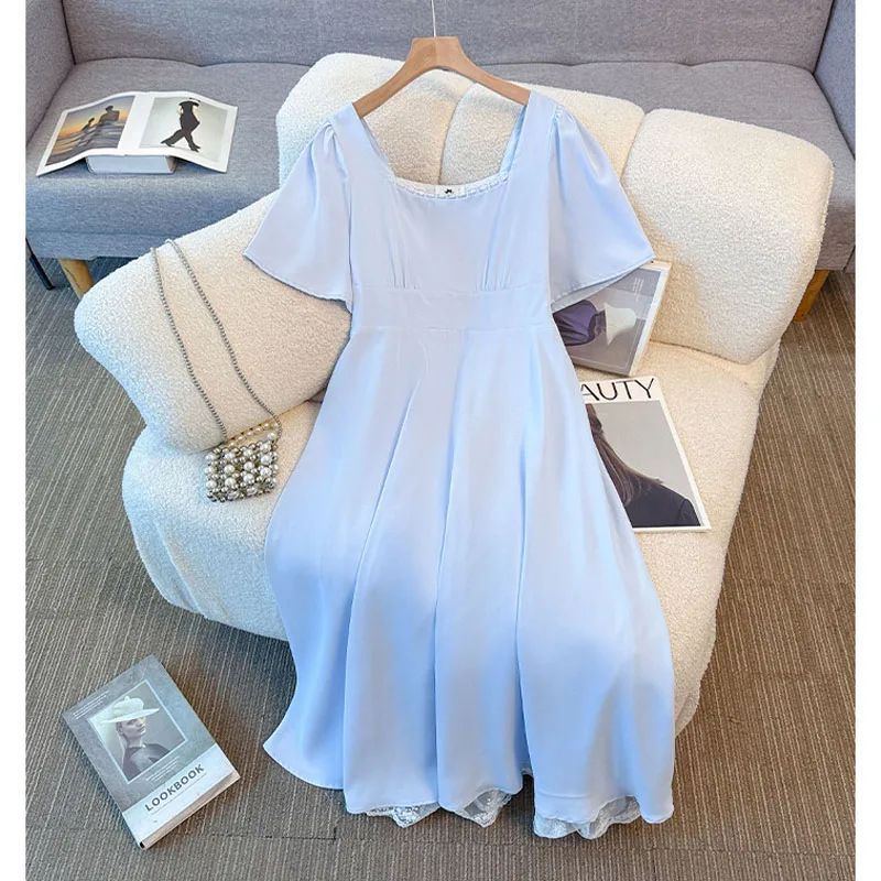 

150Kg Plus Size Women's Bust 142-155 Summer Loose Waist Cinched Square Neck Dress Blue 5XL 6XL 7XL 8XL 9XL