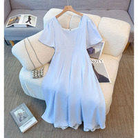150Kg Plus Size Women's Bust 142-155 Summer Loose Waist Cinched Square Neck Dress Blue 5XL 6XL 7XL 8XL 9XL
