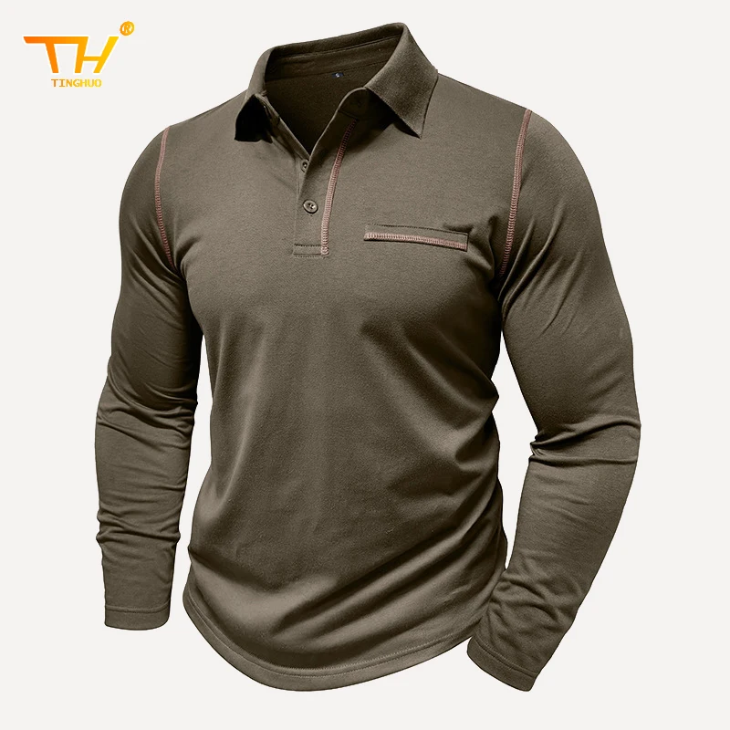 

TINGHUO Men's long-sleeved polo shirt lapel slim-fit casual sports shirt polo T-shirt men's solid color cotton Henry shirt polo