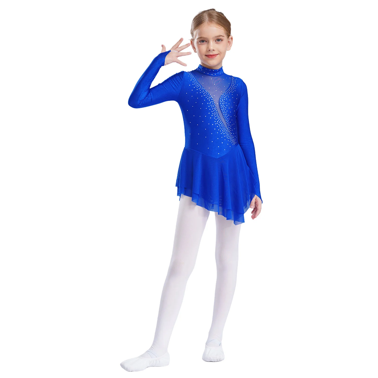 Rhinestone Figure Ice Skating Dress Kids Girls Long Sleeve Mesh Ballet Dance Dress Gymnastics Leotard Performance Dance Costumes