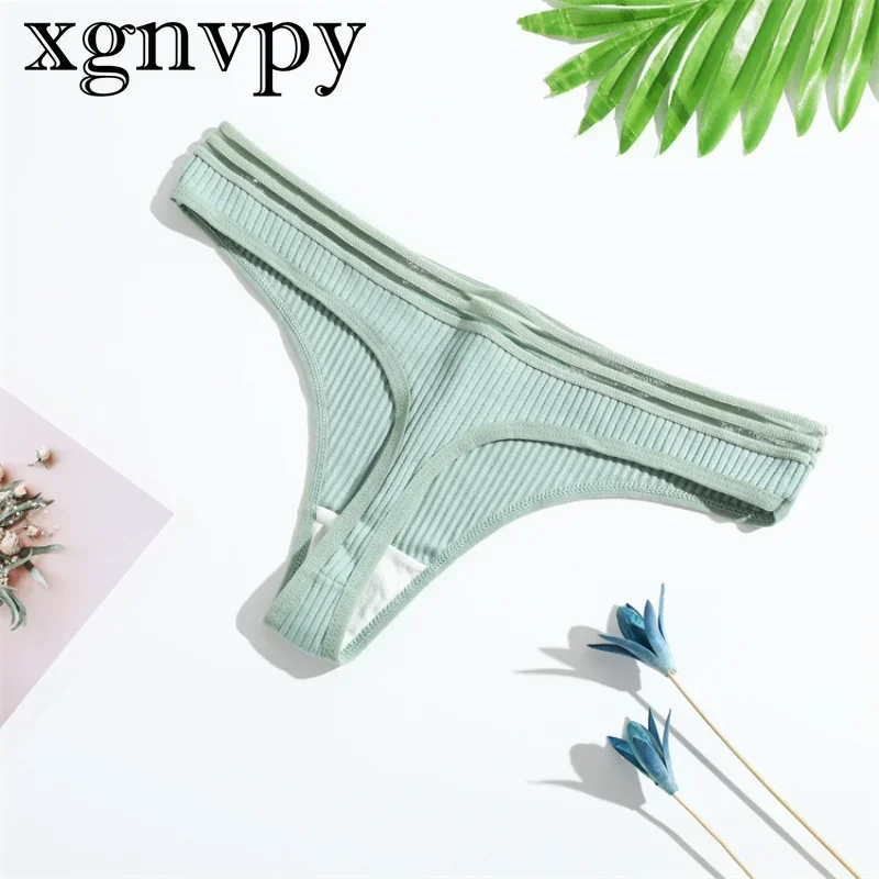 Xgnvpy-Roupa interior respirável de cintura média feminina, tanga elástica, listras simples, doce oco, cor sólida, menina, verão, novo