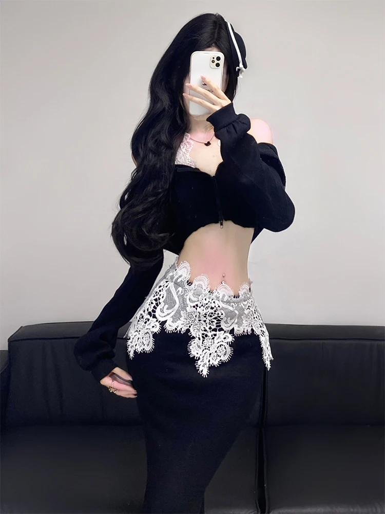 

Весенняя мода, корейская кружевная толстовка с капюшоном Ne Hanging Top Fi Tail, юбка из двух предметов, женский комплект Pure Desire, сексуальная девушка