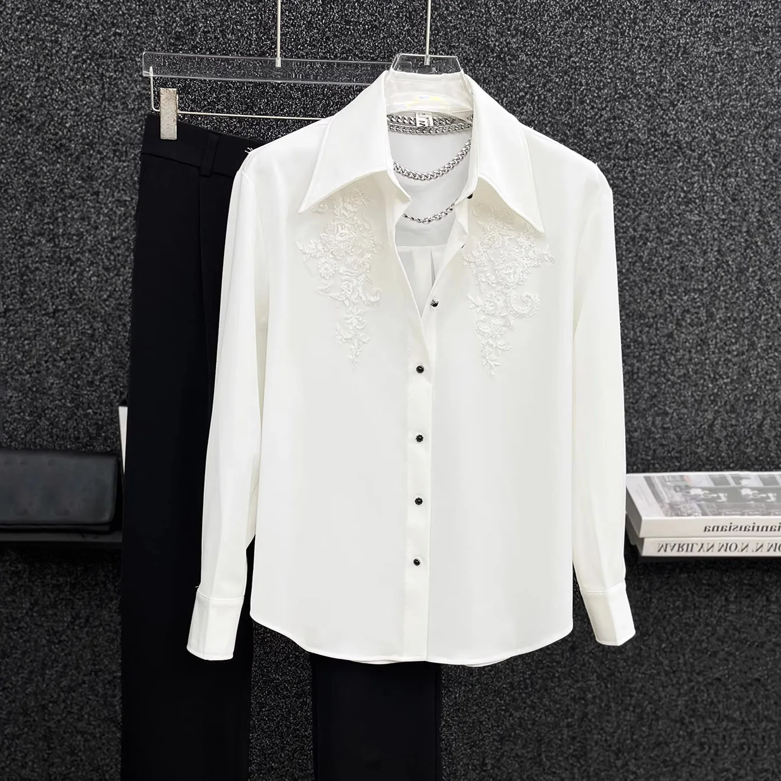 Men's Sequined Flower Embroidered Shirt French Autumn Casual Fashion High Street Shoulder Pad Male Long Sleeved Shirts