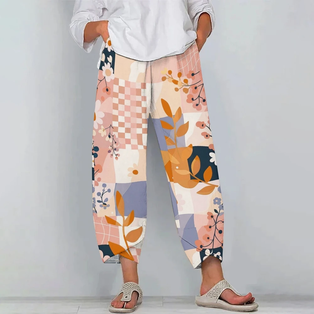 Casual Printed Cotton And Linen Pants Spring Summer Elastic High Waist Cropped Trousers luxury brand designer Pants women