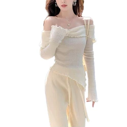 Stylish Sweater Knit Top with Flared Cuffs and Fashionable off Shoulder Look Drop Shipping