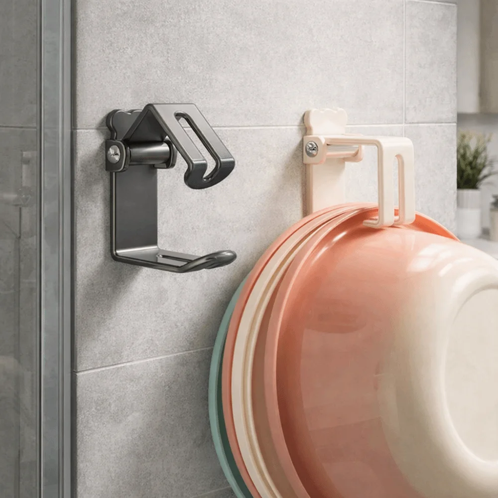 2 Pieces Carbon Steel Wash Basin Hooks Wall Mounted Punch-Free Basin Storage Rack Folding Adjustable Washbasin Organizer Toilet
