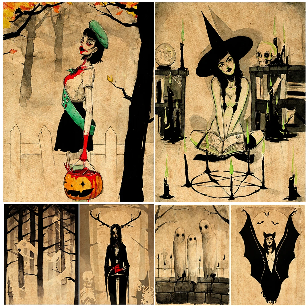 Bloody Girl Scout And The Magic Formation Of The Beautiful Witch Vintage Wall Art Wandering Souls In The Woods Art Poster Print