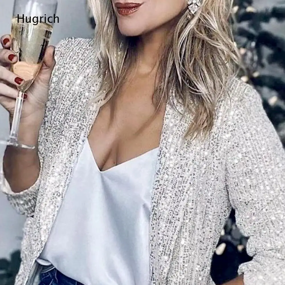 Champagne Silver Sequin Blazer Lapel Neck Long Sleeve Open Front Jacket Ladies Sparkly Outerwear For Night Occasions