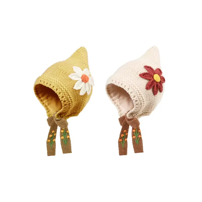 

Baby Girl Knitted Wool Pullover Hat with Flower Warm Knit Cap for 1-3 Year Old Neonatal Newborn Autumn Winter Wear