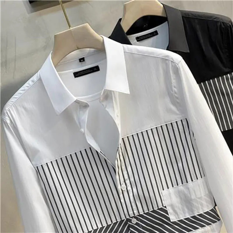 Elegant Fashion Harajuku Slim Fit All Match Shirt Stand Collar Stripe Button Long Sleeve Outerwear Loose Casual Male Clothes