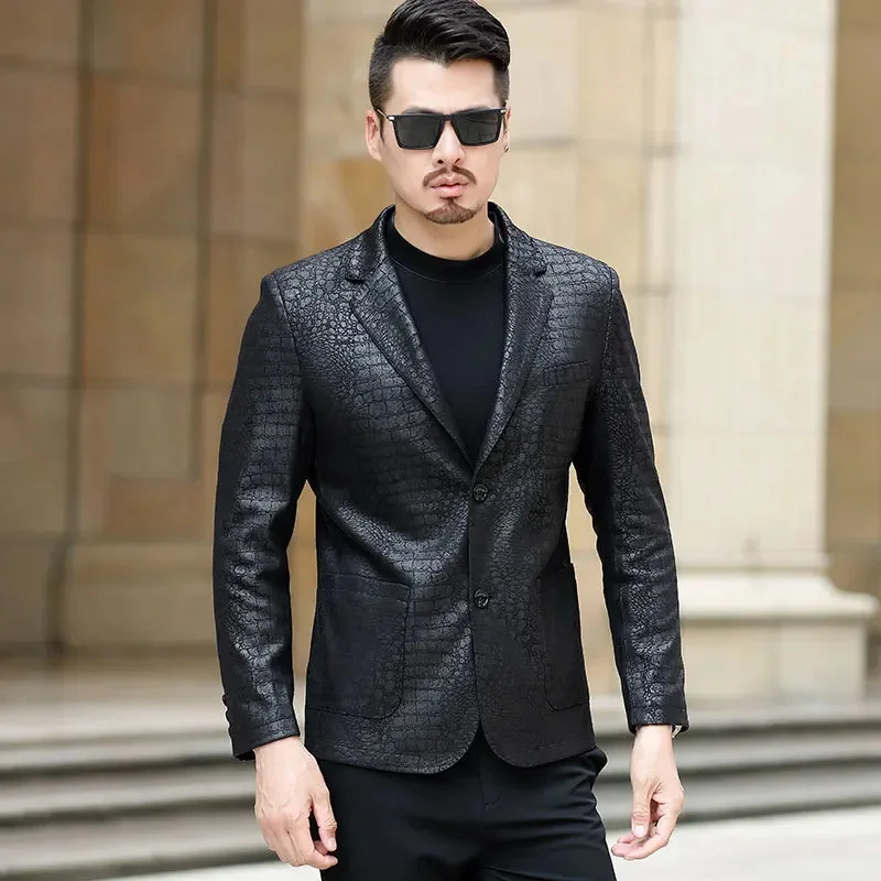 Men's leather jackets, men's single sheepskin crocodile pattern suit slim fit