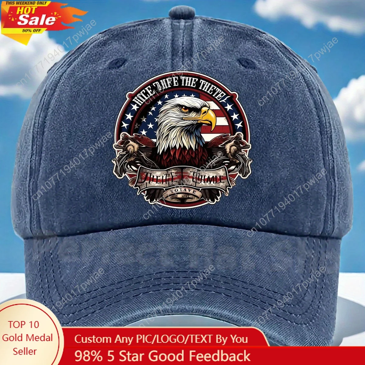 

Patriotic Bald Eagle Military Print Baseball Cap - Adjustable Fit,, Machine Washable - Dark Blue with American Flag Design & "Ea
