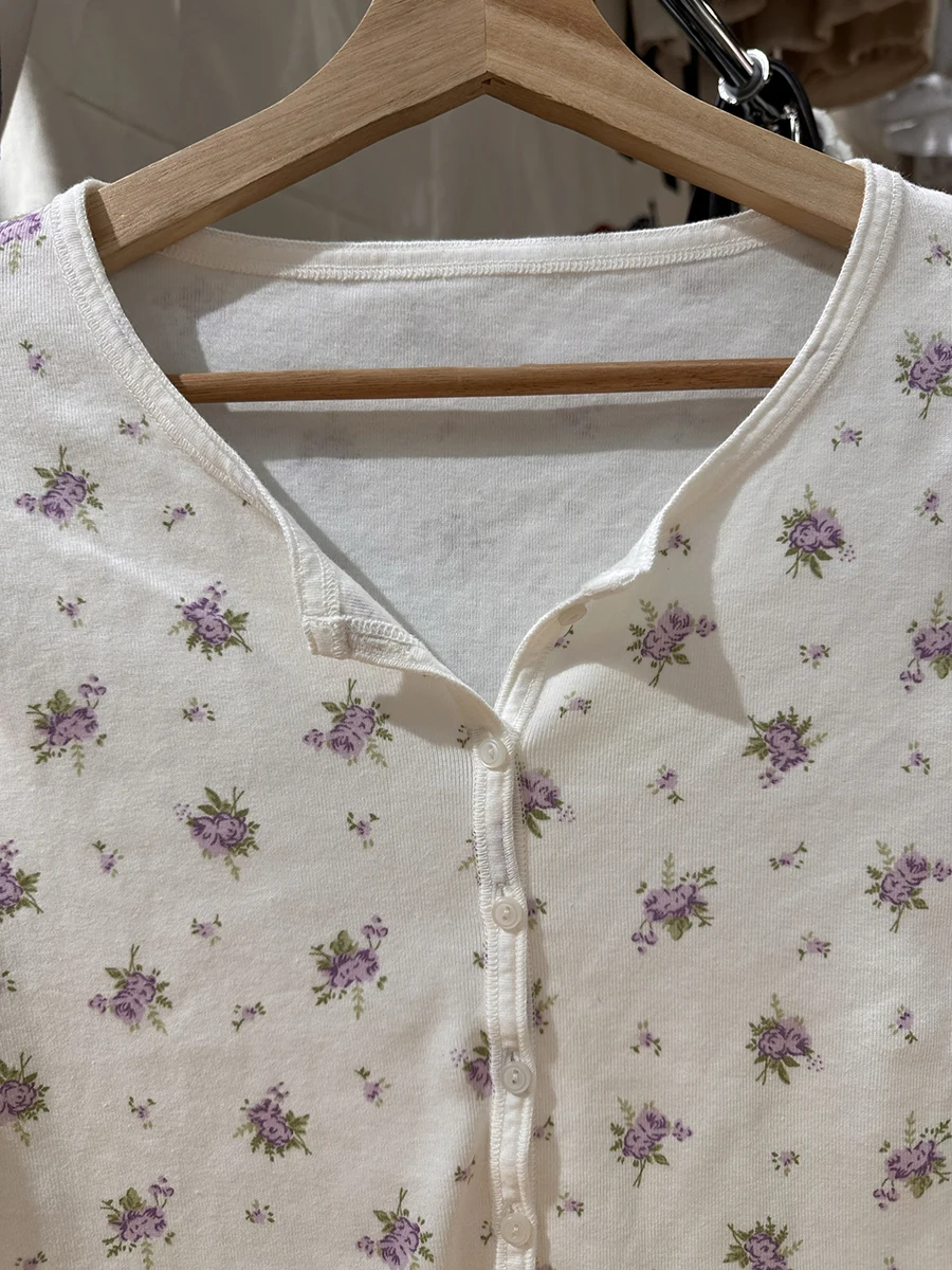 الأرجواني الأزهار سترة طويلة الأكمام تي شيرت المرأة الجديدة مغرفة الرقبة واحدة الصدر تي شيرت الحلو القطن عادية سليم التي شيرت بلايز #6