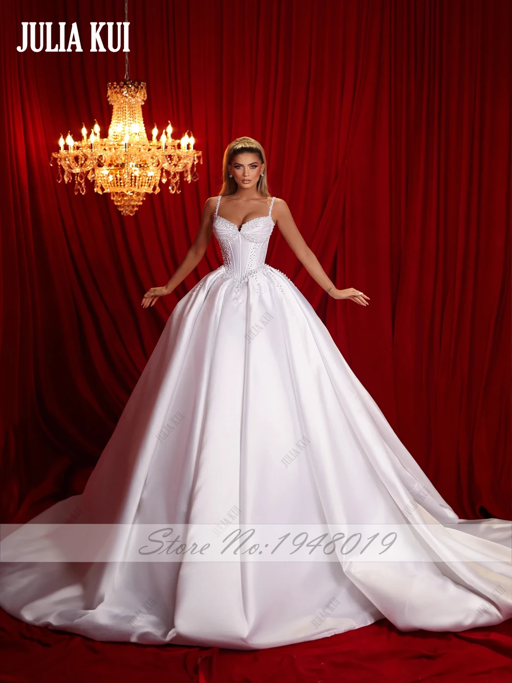 Julia Kui Vintage Beading Pearls Satin Sweetheart Ball Gown Wedding Dress With Spaghetti Straps And Backless Bridal Gowns