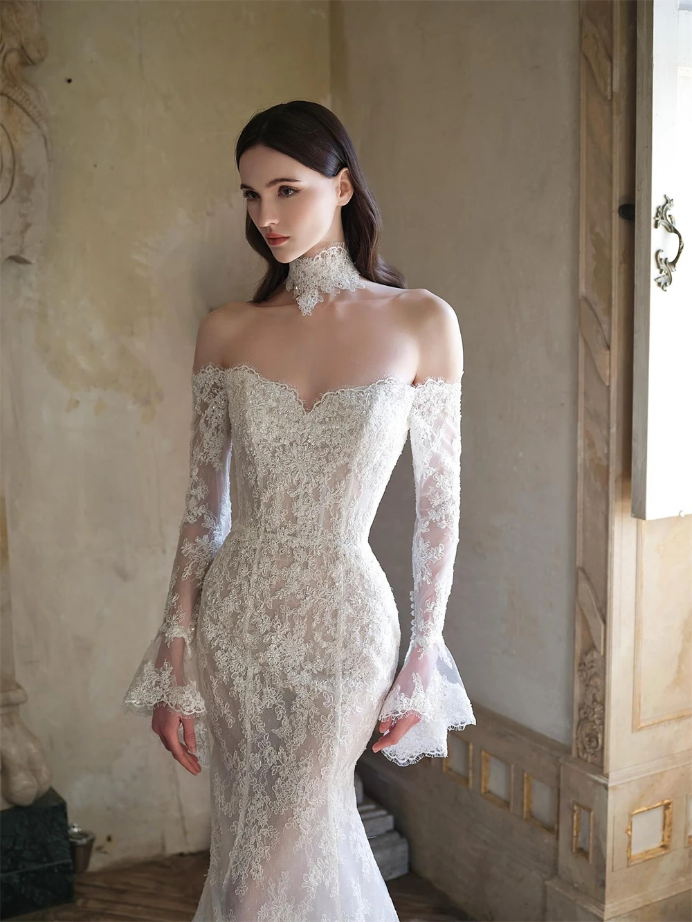 

Customized Elegant White Lace Wedding Dress Formal Sweetheart Long Sleeves Bridal Gowns Soft Mermaid Court Train Robe de mariée