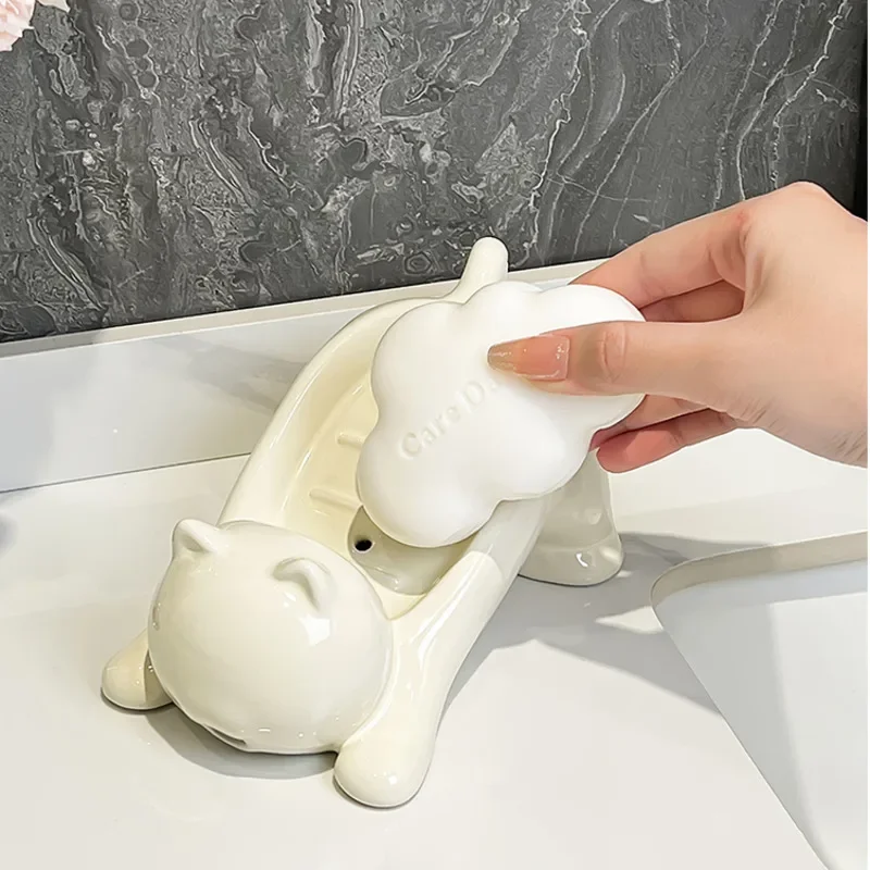 Playful Cat Soap Dish Ceramic Soap Drainage Holder Multi-Hole Draining Tray Thickened Enlarged Design Fun Bathroom Decor