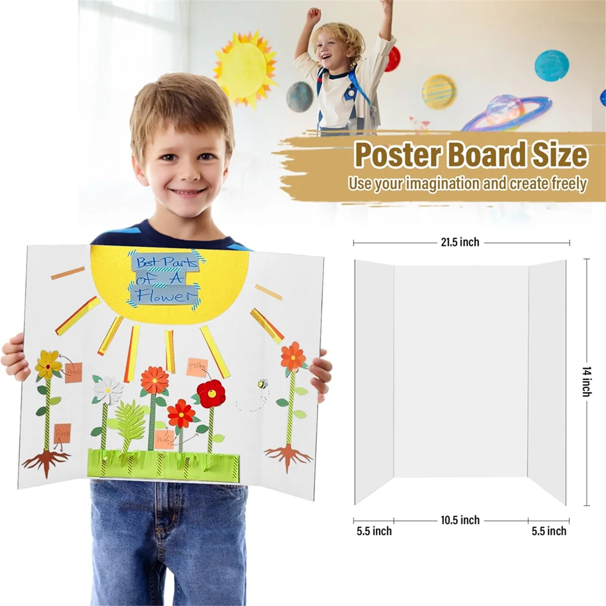 4 Pcs Trifold Poster Board, White Poster Board Comes with Sticky Accessories, Corrugate Presentation Boards S