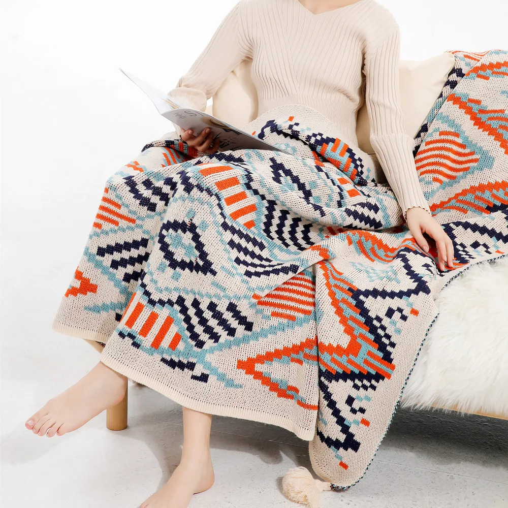 

Bohemian Style Sofa Blanket Ethnic Tourism Tassel Knit Nap Blanket Warmth RPET Regenerated Fabric Spring Autumn Plaid Pattern