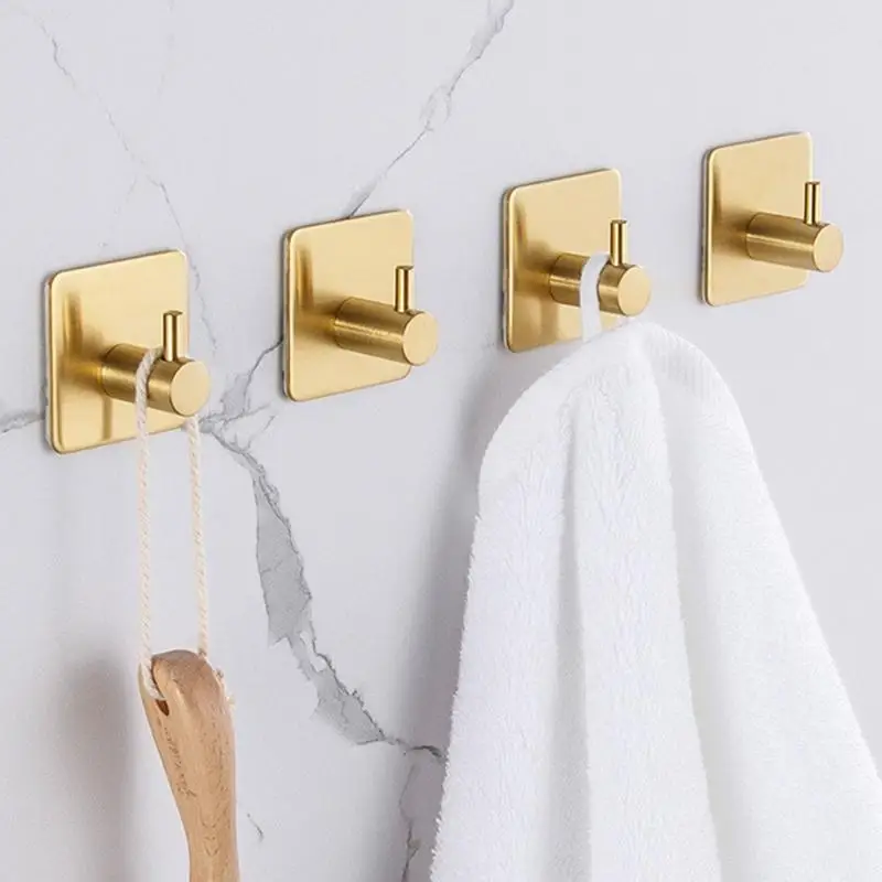 Wall Hooks Waterproof Self Adhesive Aluminum Hooks Gold Hanger For Keys Coats Clothes Robes Hats Kitchen Bathroom Toilets Hooks