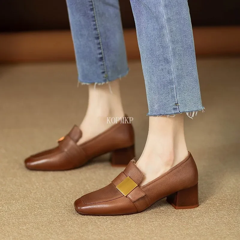 Women Soft Leather Shoes Thick High-Heeled Golden Metal Decoration Pumps Square Toe Chunky Heels Shoes Spring Retro Shoes Women