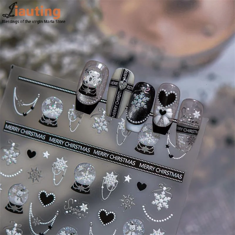 Pretty Snowflake Bow Crystal Ball Nail Art Sticker Embossment Self Adhesive Nail Sticker New Year Christmas Manicure Decals Gift