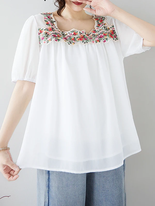 

Летняя женская рубашка свободного кроя с квадратным воротником, вышивкой и кружевными вставками, универсальный повседневный топ из шифона