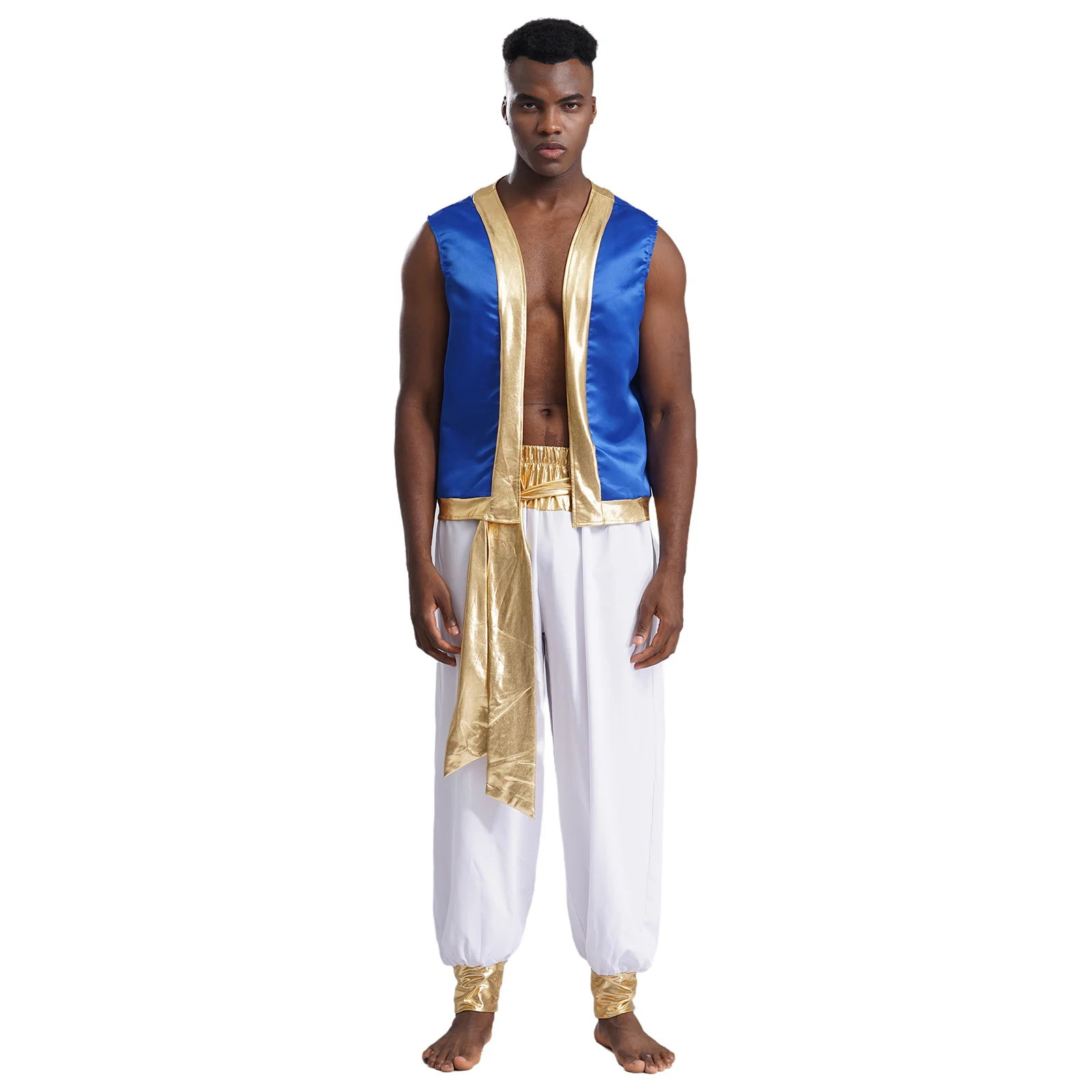 Mens Arabian Prince Costume Aladin Captain Cosplay Outfits Metallic Shiny Trim Open Front Glitter Vest with Belted Long Pants