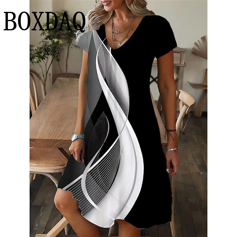 Elegant Women V-Neck Short Sleeve Mini Dress Summer Casual Beach Party Dress Fashion 3D Gradient Print Dress Loose Lady Dresses