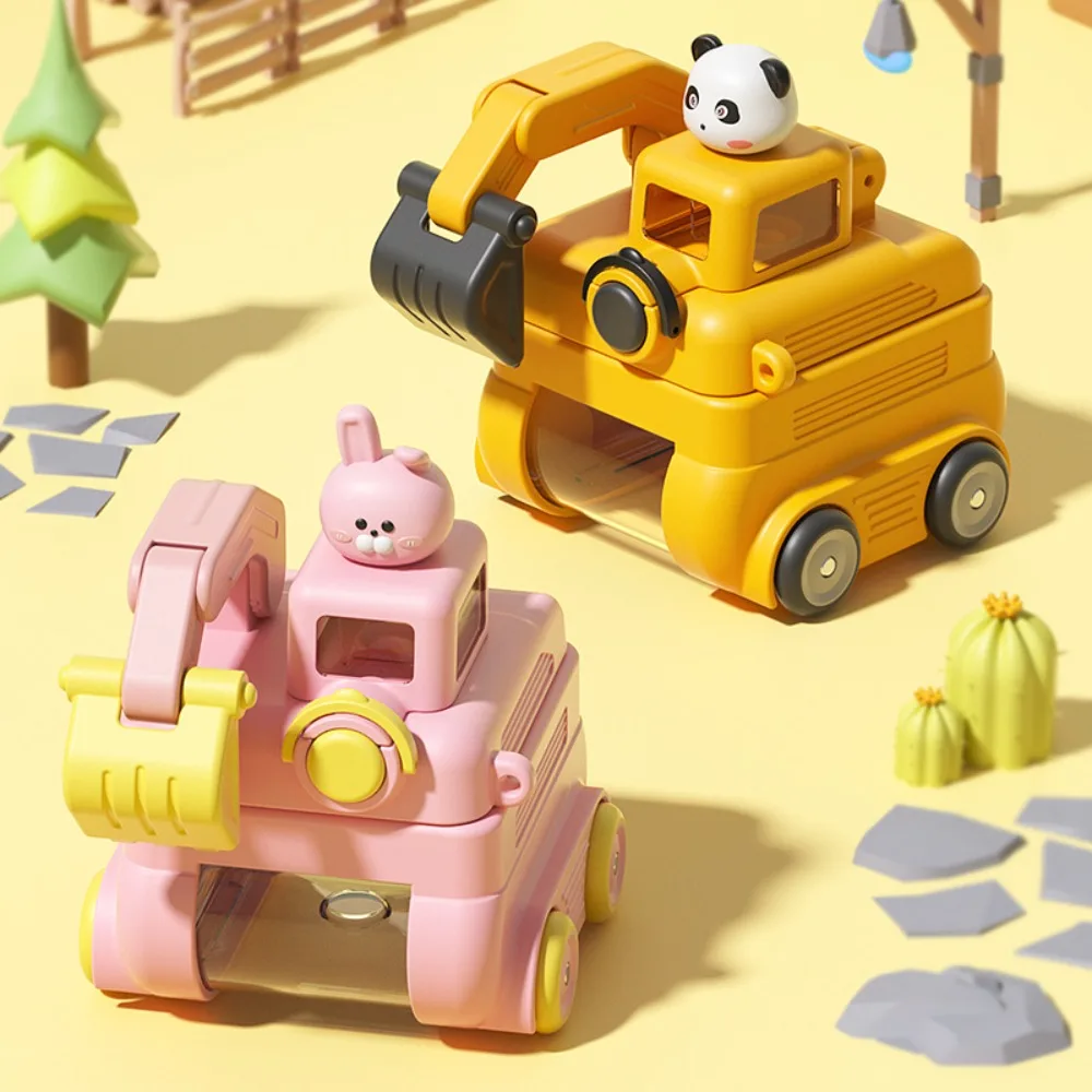 Unique Rotatable Excavator Water Bottle 500ML No BPA Toy Straw Water Bottles with Wheels Cartoon Children's Kettle Kids Gift