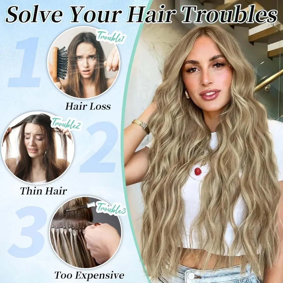 وصلات شعر صناعية طويلة مموجة 4 قطع شعر سميكة بني فاتح مزيج ألياف أشقر ذهبي لحمة مزدوجة مظهر طبيعي وصلة شعر #3