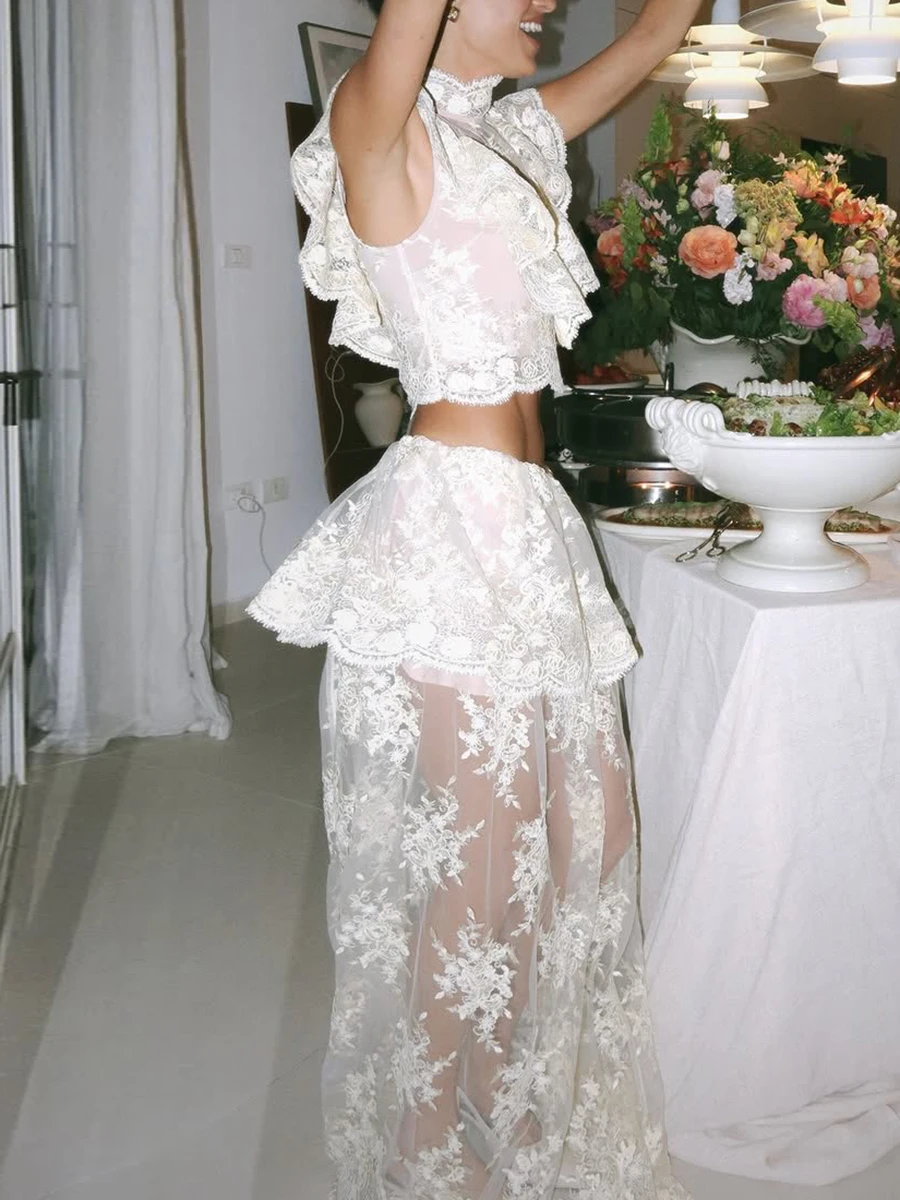 TWOTWINSTYLE Solid Spliced Lace Two Piece Set for Women High Neck Sleeveless Top Mesh Patchwork Floral Zipper Slim Skirt Female image 4