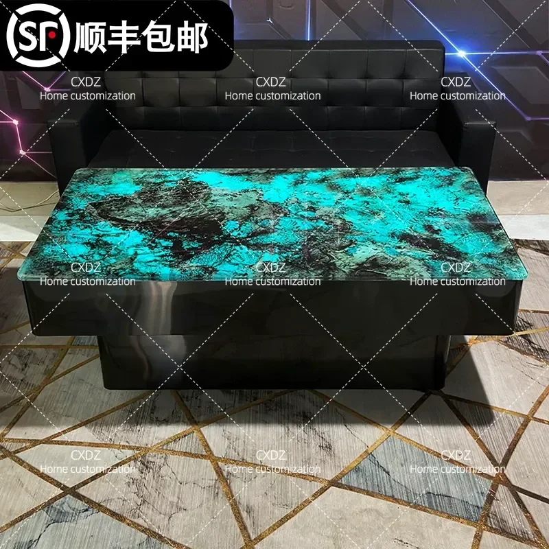 Luxury Electric Luminous Coffee Table with Stone Rock Slab Marble Top Tempered Glass Stainless Steel Bar Counter for KTV Sofa