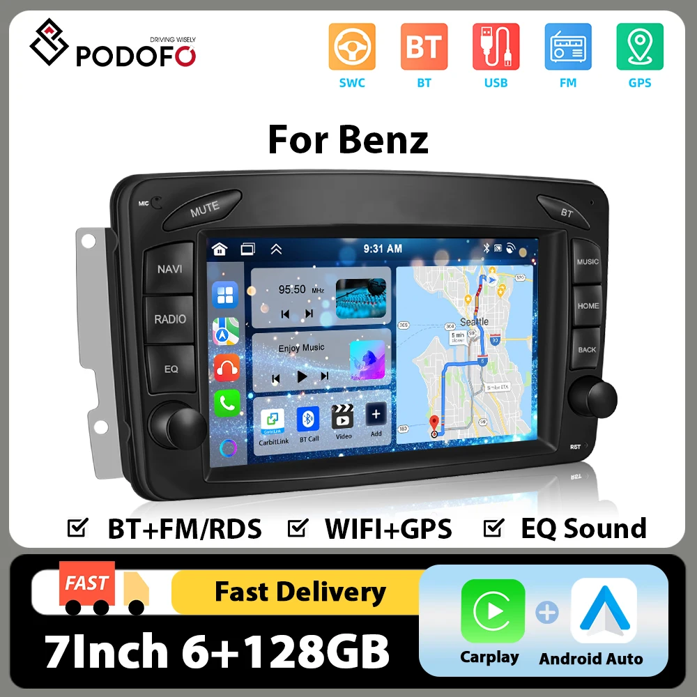 Hikity 7'' Carplay Android Auto Autoradio für Mercedes-Benz/CLK/W209/E-W210 Auto-Multimedia-Player 6+128G 8Core GPS WIFI BT RDS