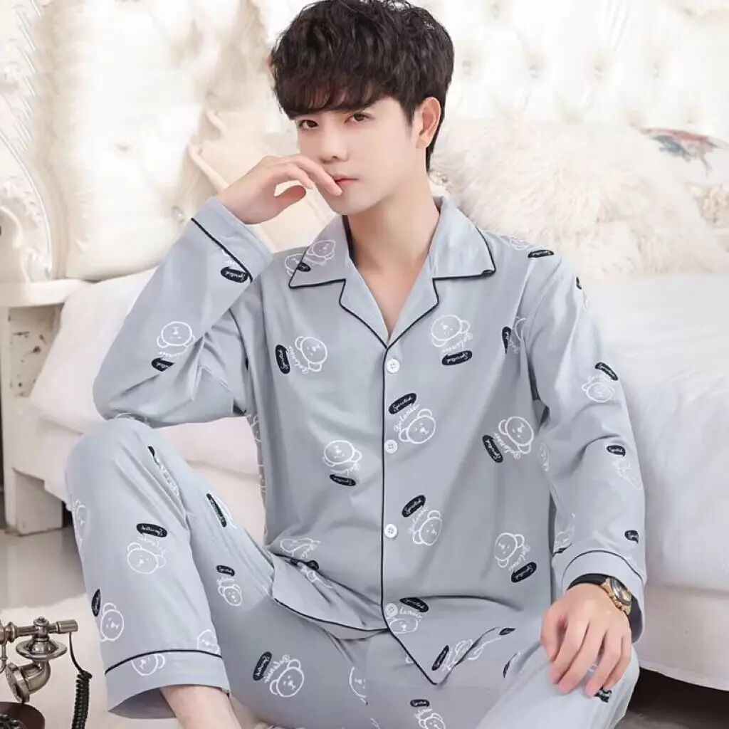 Spring And Summer Cotton Men\'s Pajamas Long-Sleeved Trousers Boys Pajamas Suit Teenagers Casual Homewear Suit