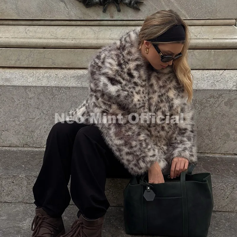 Neo Mint Vintage Classic Leopard Big Fur Collar Jacket Women Winter Brand Fashion Furry Faux Fox Fur Coats Chic Girls Streetwear