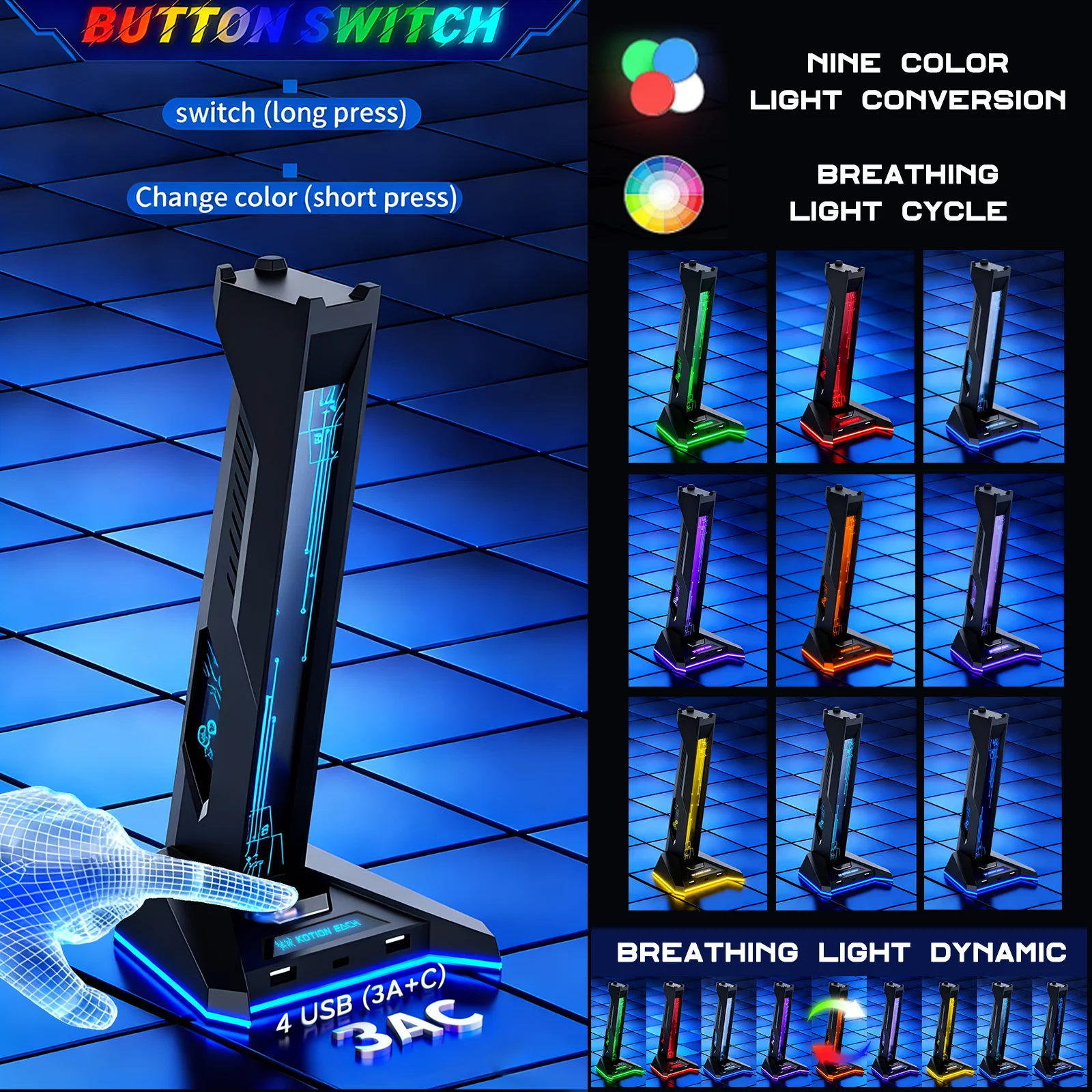 H74 Model Earphone Stand Holder Multifunctional RGB Headphone Stand Multifunctional Expansion Dock Colorful RGB Ambient Lighting view 3