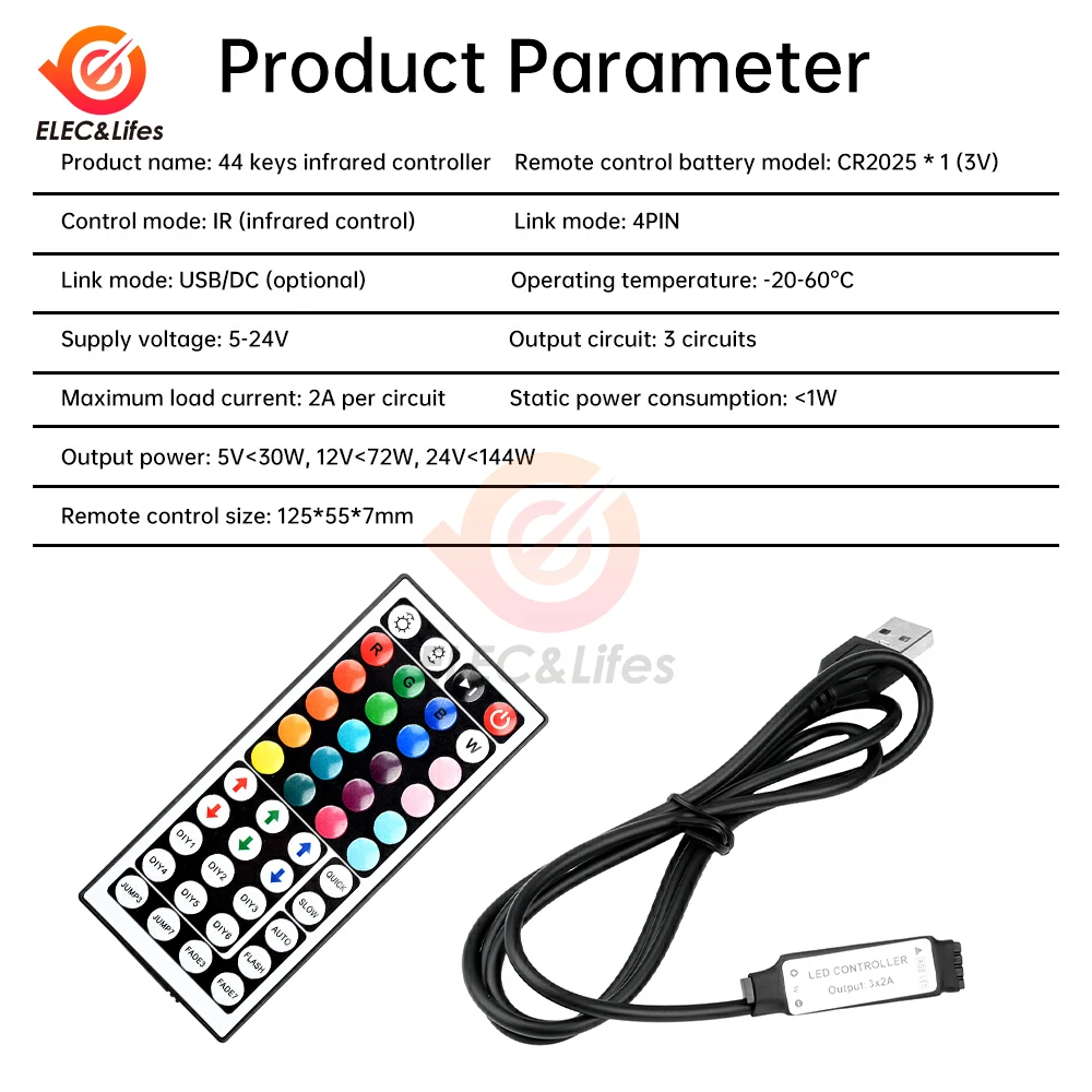 Светодиодная лента USB 5 В/DC 5-24 В, 44 клавиши, контроллер RGB, ИК-пульт дистанционного управления, диммер для 5050 2835 RGB светодиодная лента, подсветка телевизора