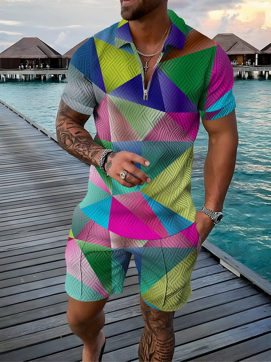 Men's Summer Polo Suit 2 Piece Casual Jogging Suit 2022 New Men's 3D Geometric Print Lapel Short Sleeve + Shorts Sportswear Suit