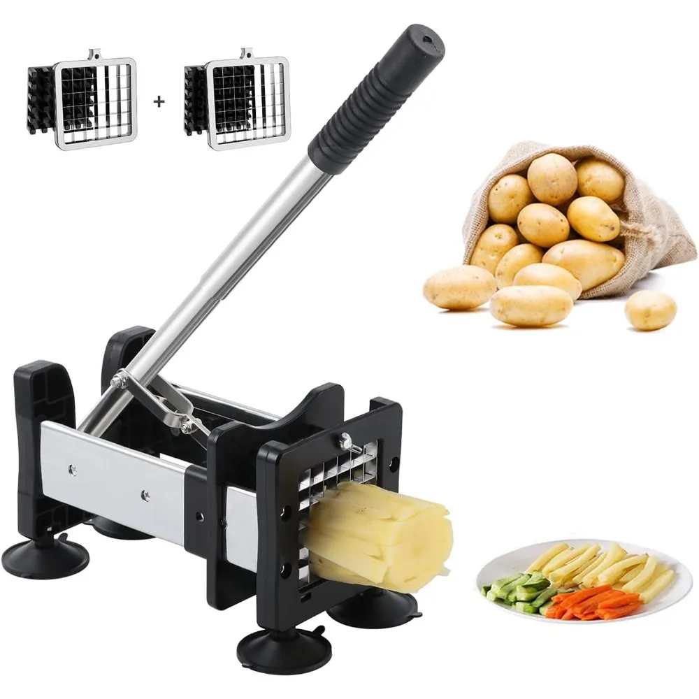 

Stainless Steel French Fry Cutter with 2 Blade Sizes for Potatoes, Vegetables, and Fruits